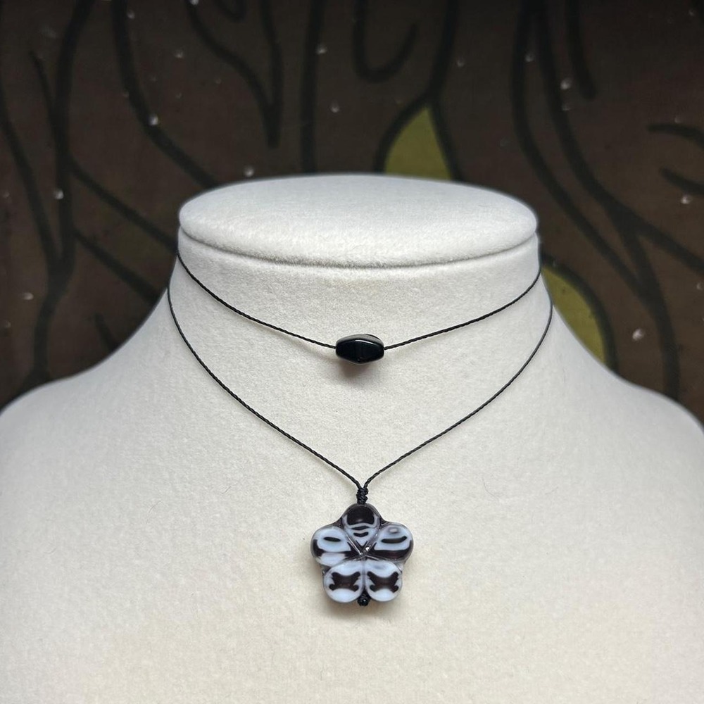 Czech glass Boho dainty minimalist necklace cord adjustable black white gift